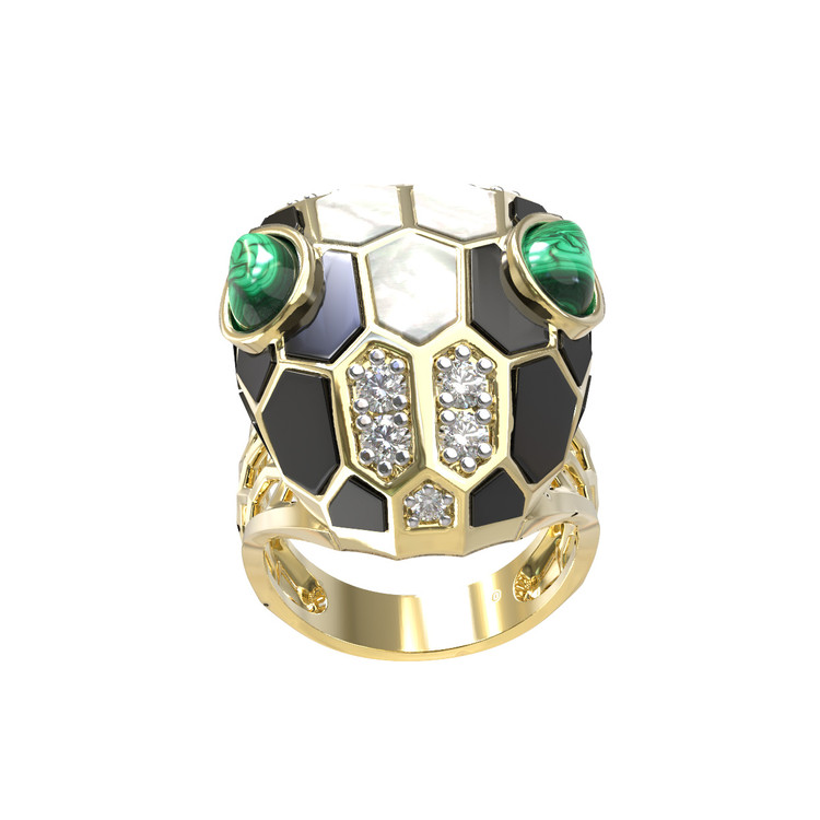 Кольцо из лимонного золота c бриллиантами, рубином, ониксом, малахитом и перламутром