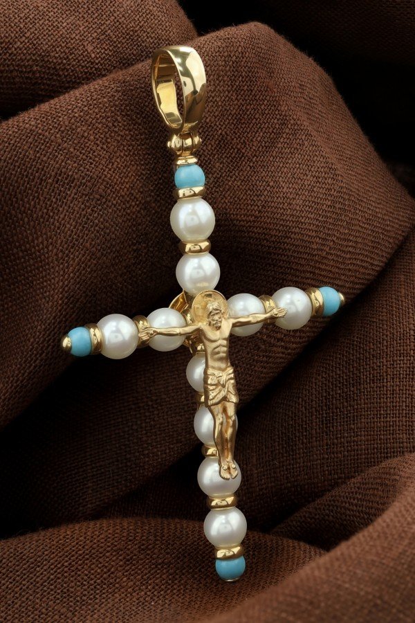 Крест из лимонного золота c жемчугом и бирюзой