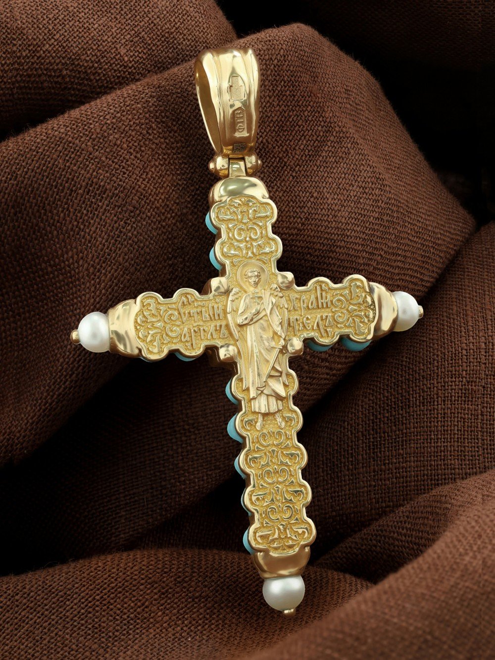 Крест из лимонного золота c жемчугом и бирюзой