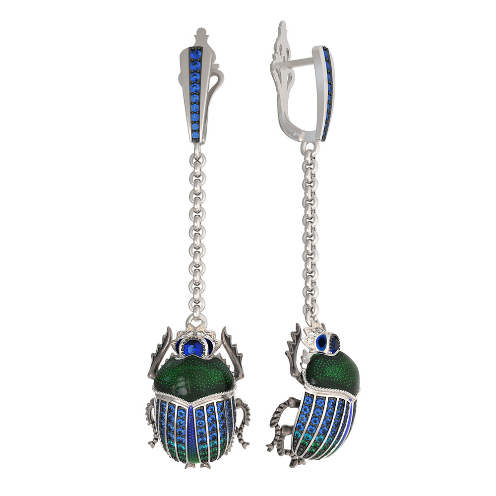 Серьги из белого золота c эмаль , фианитом и сапфиром