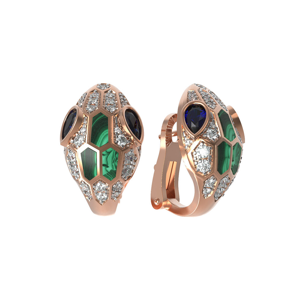 Серьги из золота c бриллиантами, сапфиром и малахитом