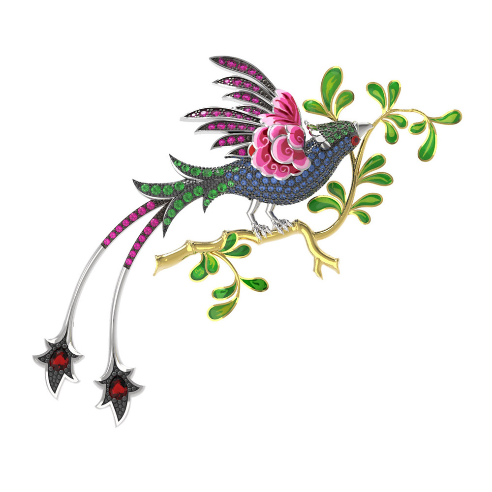 Брошь из белого золота c эмаль , фианитом и гранатом