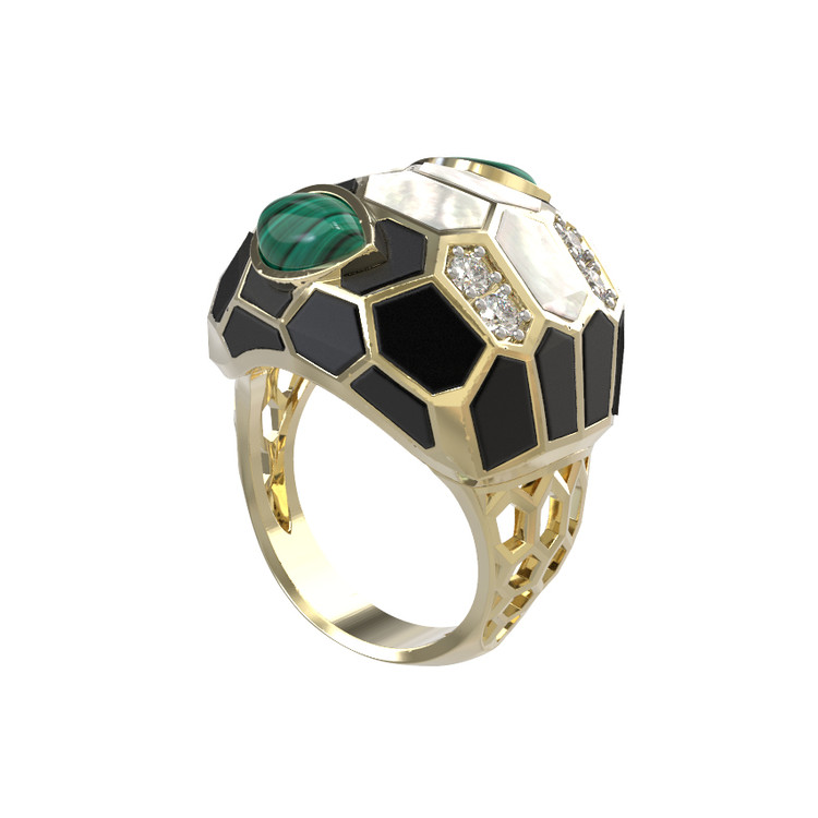 Кольцо из лимонного золота c бриллиантами, рубином, ониксом, малахитом и перламутром