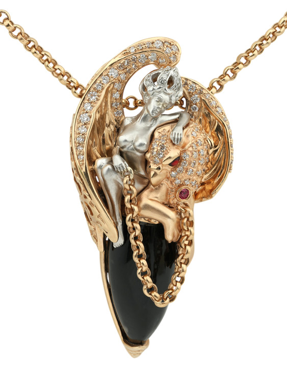 Колье из золота c эмаль , бриллиантами, рубином и ониксом