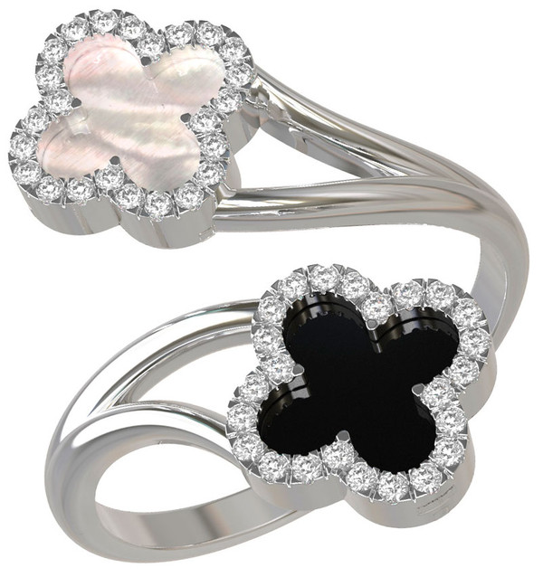 Кольцо из белого золота c бриллиантами, ониксом и перламутром