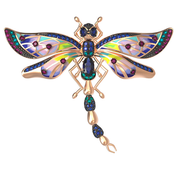 Брошь из золота c фианитом, рубином, сапфиром и эмалью