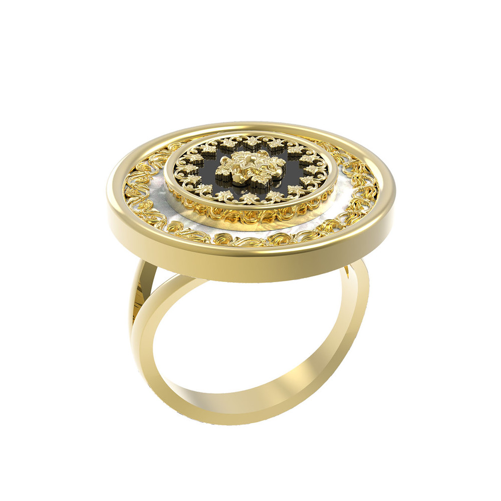 Кольцо из лимонного золота c ониксом и перламутром