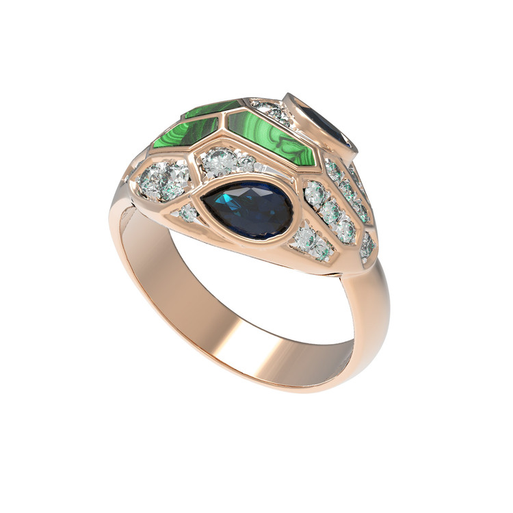 Кольцо из золота c бриллиантами, сапфиром и малахитом