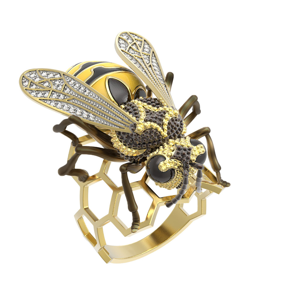 Кольцо из лимонного золота c эмаль и фианитом