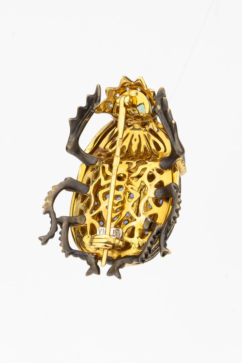 Брошь из лимонного золота c эмаль , фианитом и турмалином