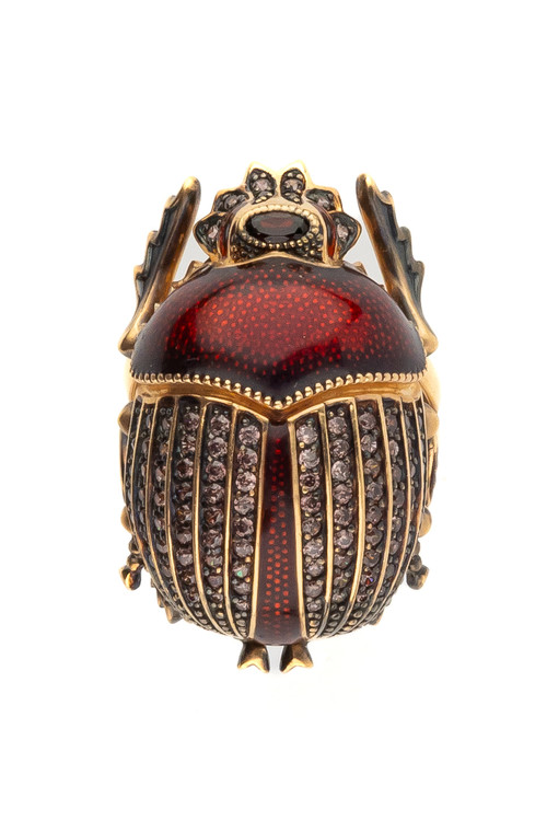 Кольцо из золота c эмаль , фианитом и гранатом