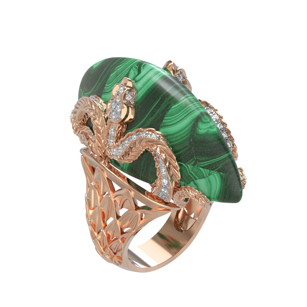 Кольцо из золота c бриллиантами и малахитом