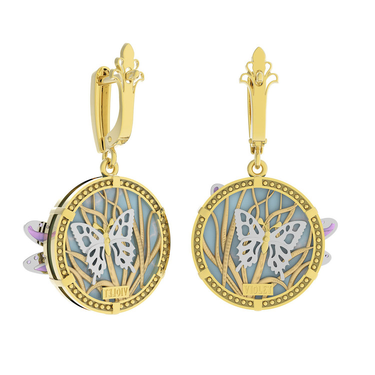 Серьги из лимонного золота c бирюзой, аметистом и эмалью