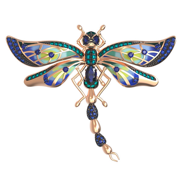 Брошь из золота c фианитом, сапфиром и эмалью