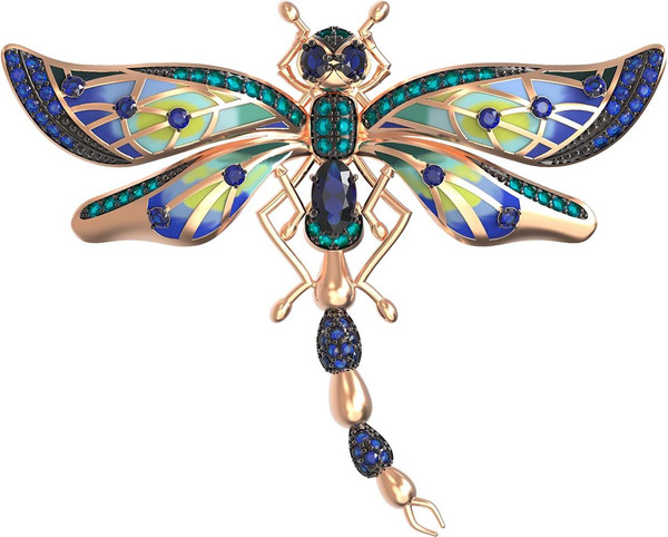 Брошь из золота c фианитом, сапфиром и эмалью