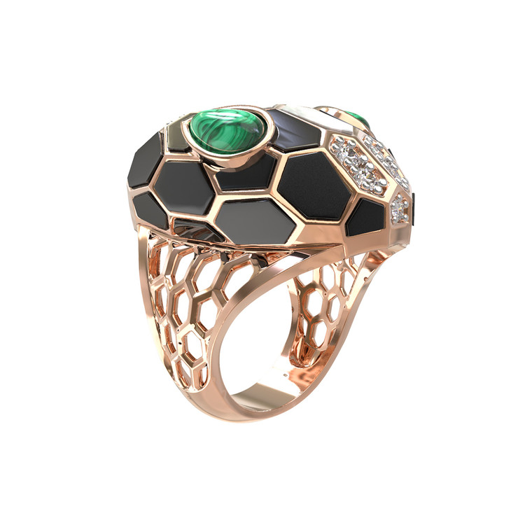 Кольцо из золота c бриллиантами, рубином, ониксом, малахитом и перламутром