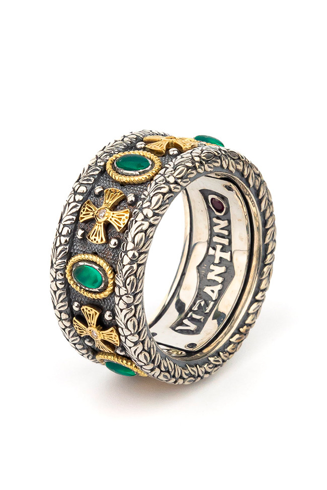 Кольцо из серебра и золота c бриллиантами, хризопразом и рубином