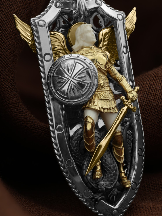 Образок из белого золота c эмаль и бивнем мамонта