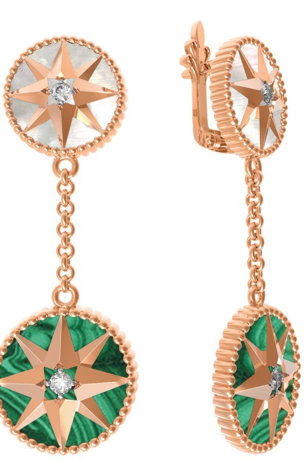 Серьги из золота c фианитом, малахитом и перламутром