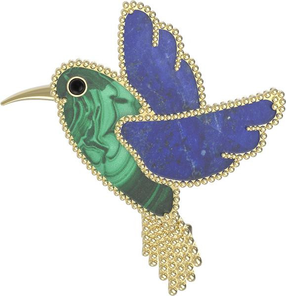 Брошь из лимонного золота c эмаль , лазуритом и малахитом