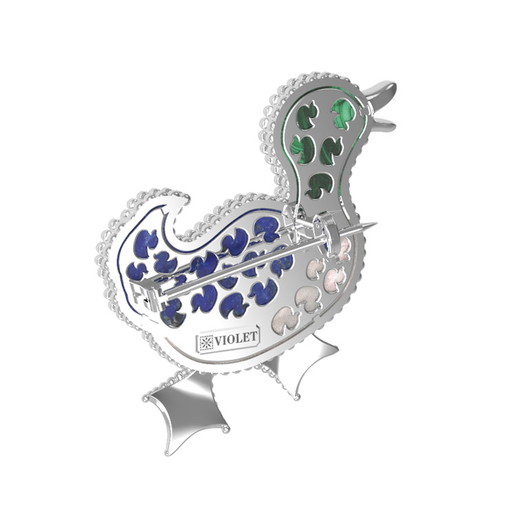 Брошь из белого золота c эмаль , лазуритом, малахитом и перламутром