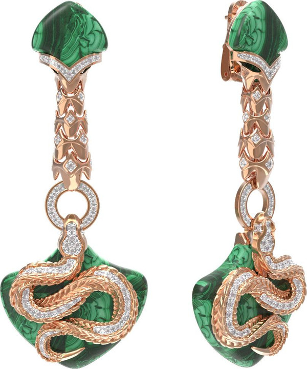 Серьги из золота c бриллиантами и малахитом