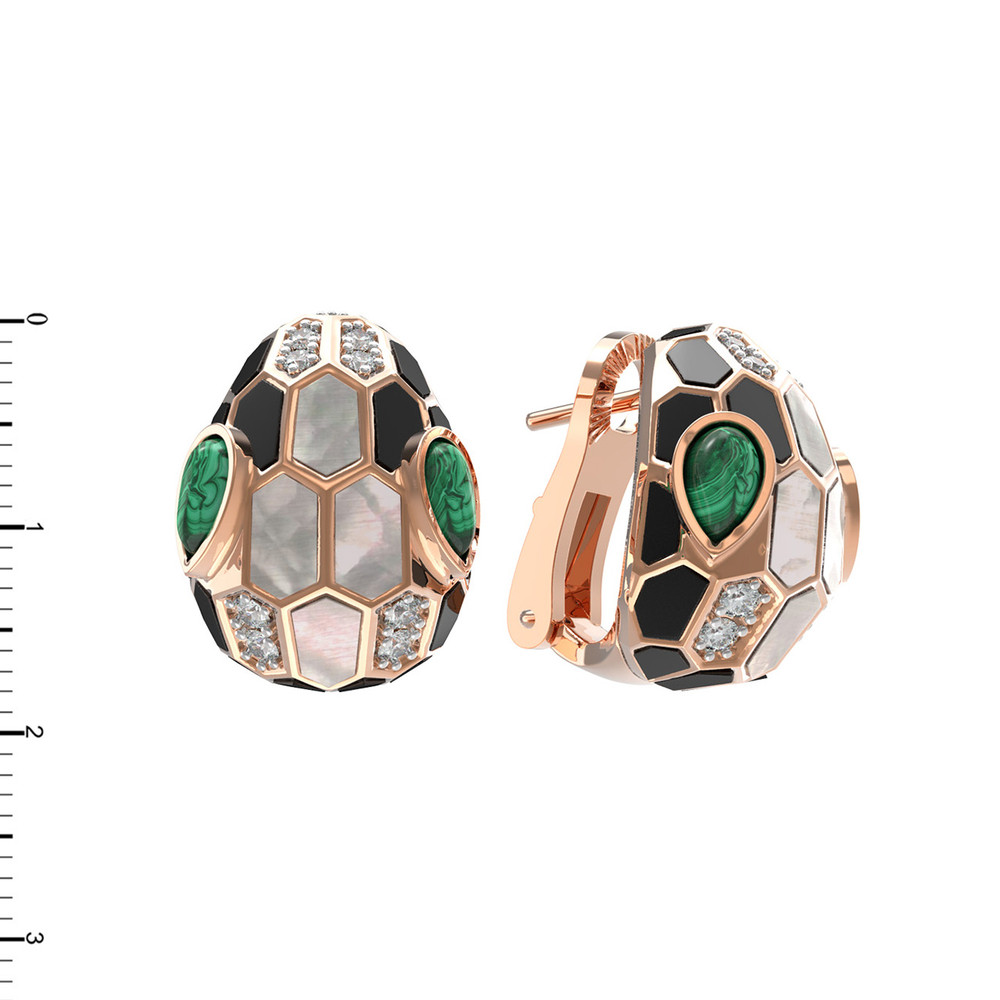 Серьги из золота c бриллиантами, рубином, ониксом, малахитом и перламутром
