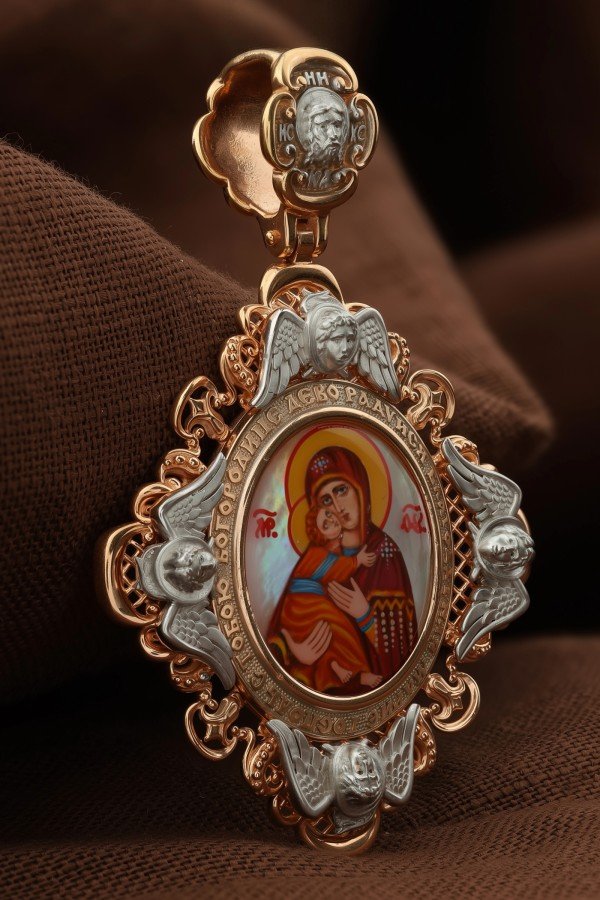 Образок из золота c эмаль и перламутром