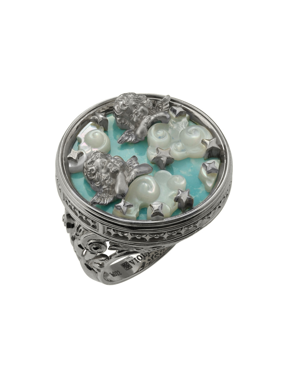 Кольцо из белого золота c бирюзой и перламутром