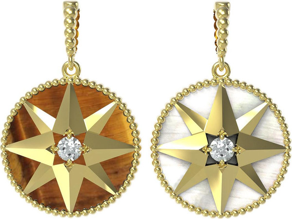 Подвеска из лимонного золота c фианитом, тигровым глазом и перламутром