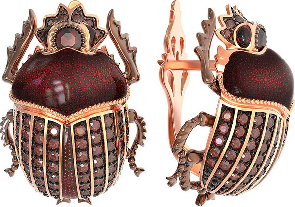 Серьги из золота c эмаль , фианитом и гранатом