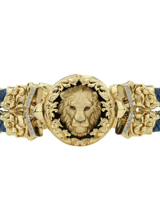 Браслет из лимонного золота c эмаль , бриллиантами, кожаным шнурком и ониксом