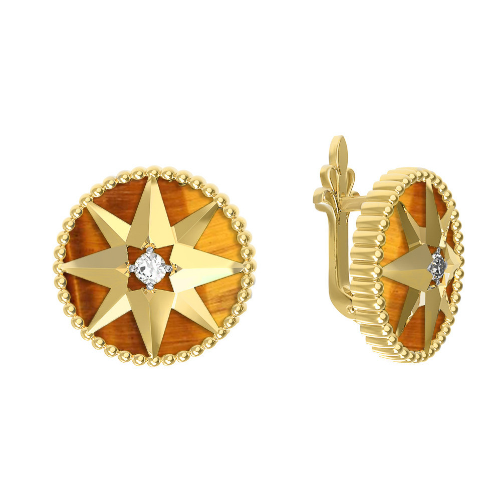 Серьги из лимонного золота c фианитом и тигровым глазом