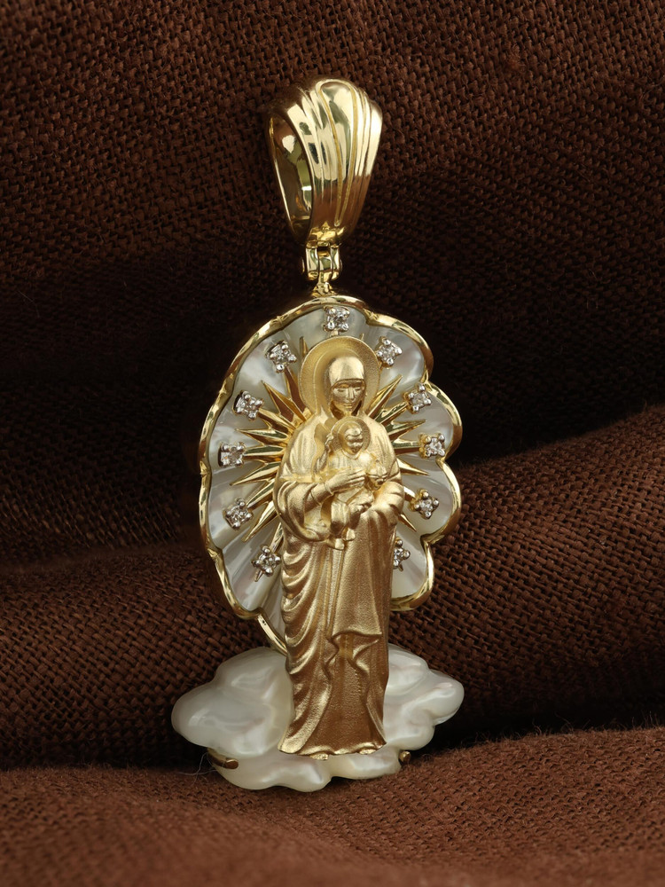 Образок из лимонного золота 585 пробы c бриллиантами и перламутром