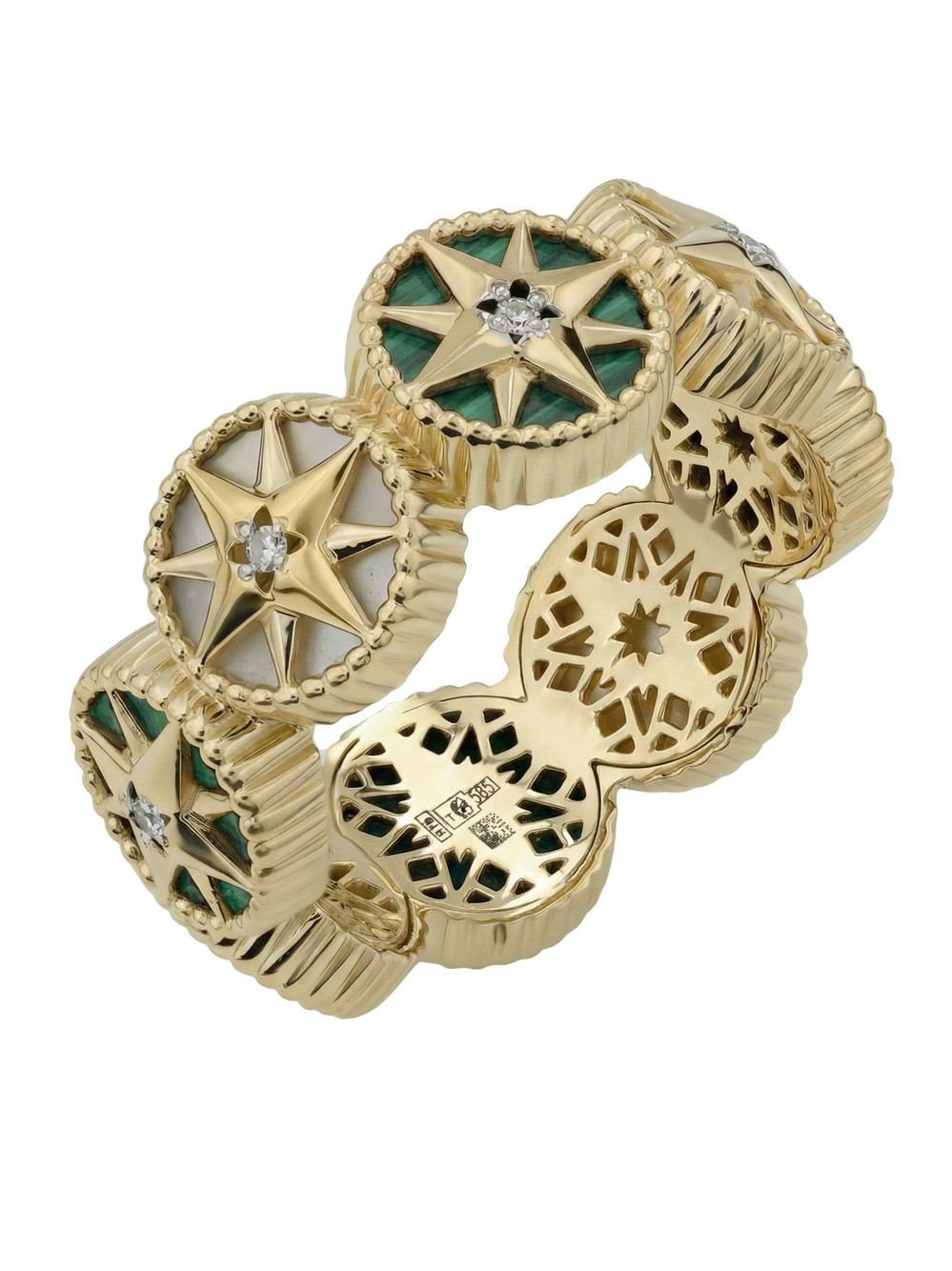 Кольцо из лимонного золота c бриллиантами, малахитом и перламутром