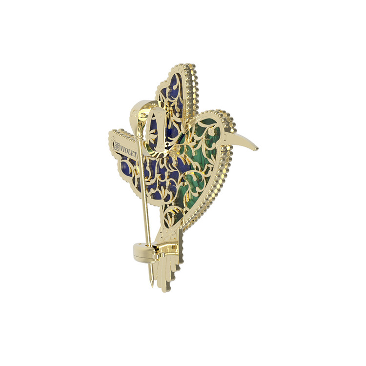 Брошь из лимонного золота c эмаль , лазуритом и малахитом