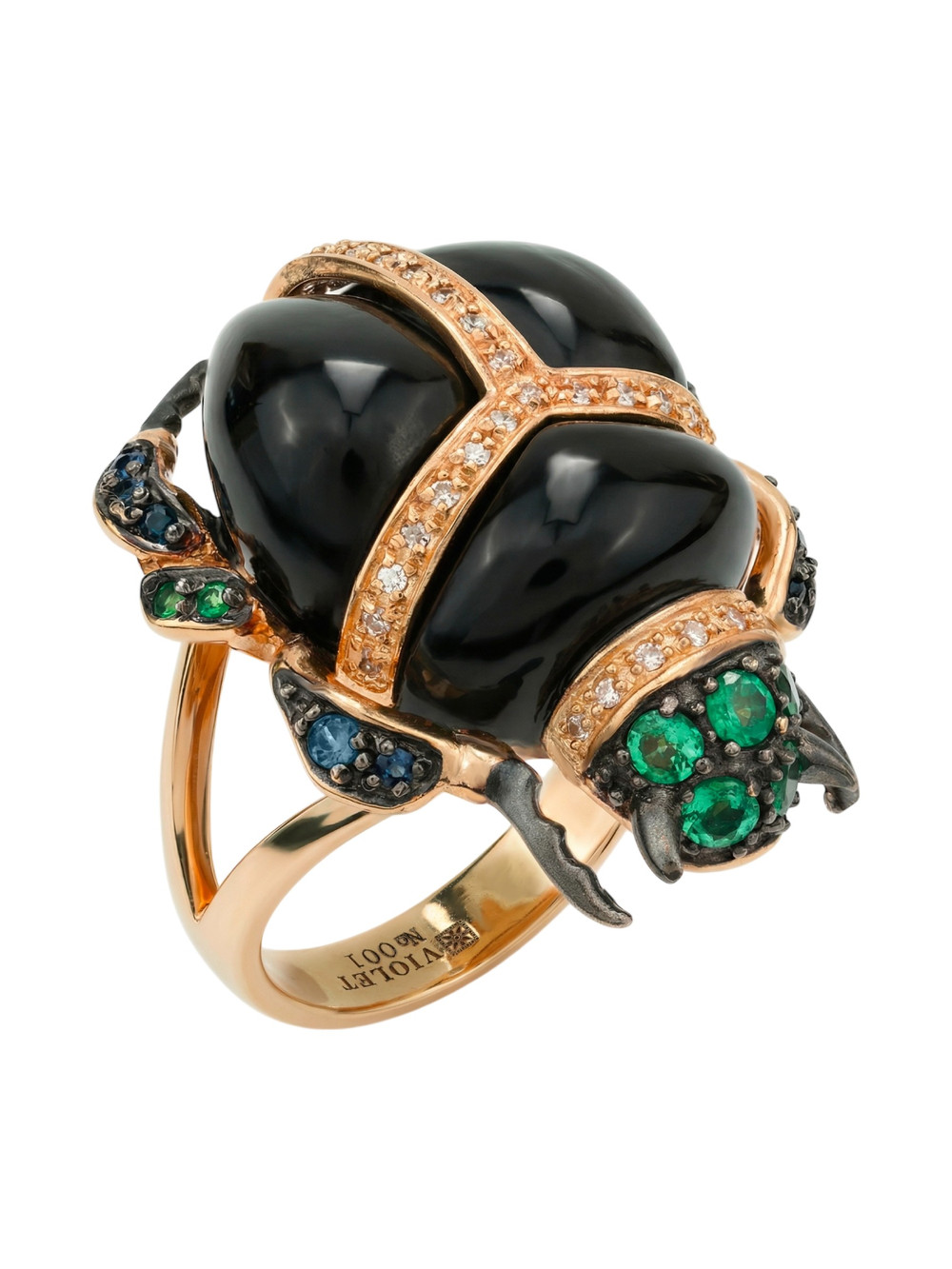 Кольцо из золота c бриллиантами, сапфиром, изумрудом и ониксом