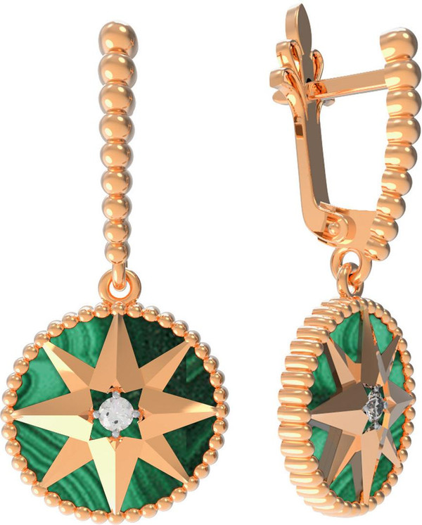 Серьги из золота c фианитом и малахитом