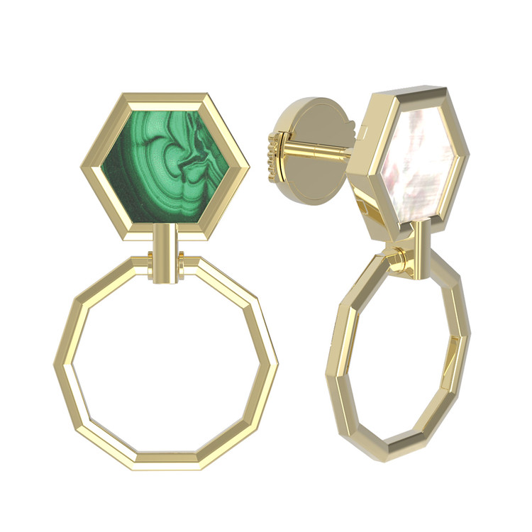 Серьги из лимонного золота c малахитом и перламутром