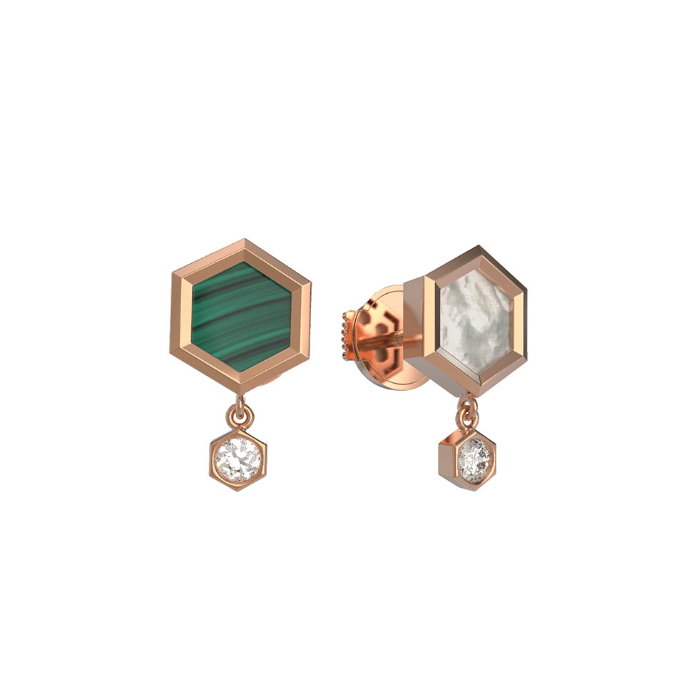 Серьги из золота c бриллиантами, малахитом и перламутром