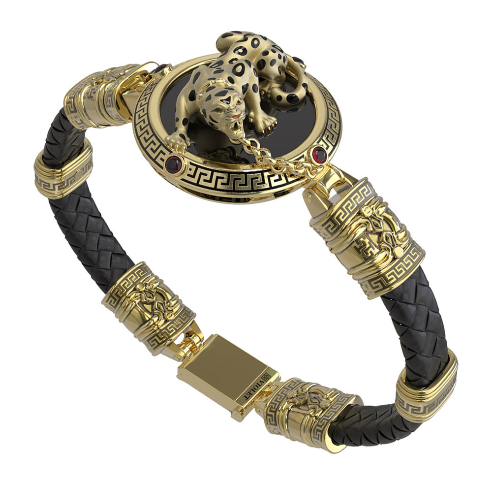 Браслет из лимонного золота c эмаль , шнурком, ониксом и рубином