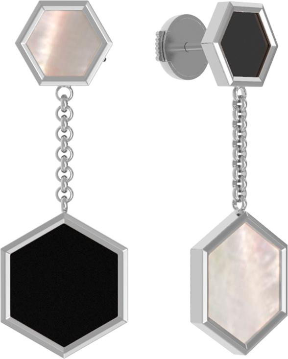 Серьги из белого золота c ониксом и перламутром