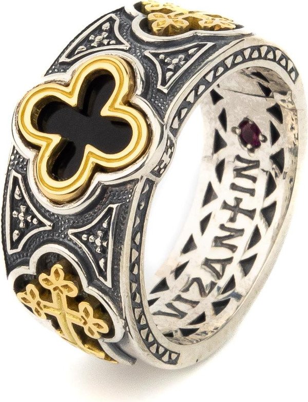 Кольцо из серебра и золота c ониксом и рубином