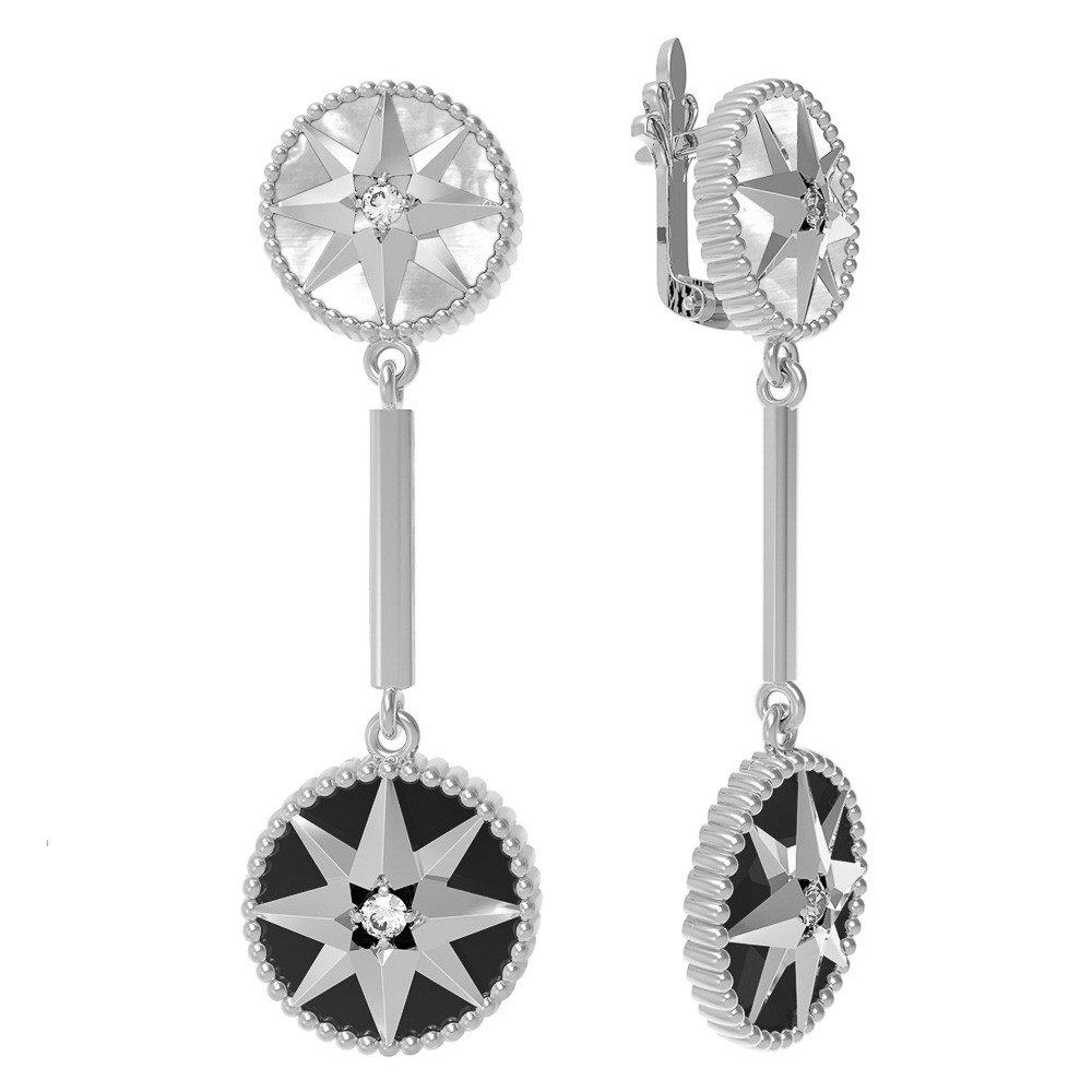 Серьги из белого золота c фианитом, ониксом и перламутром