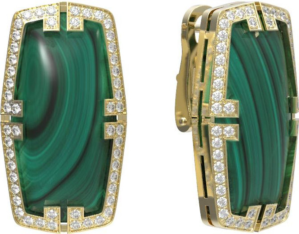 Серьги из лимонного золота c бриллиантами, рубином и малахитом