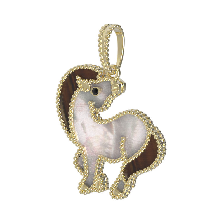 Подвеска из лимонного золота c эмаль , тигровым глазом и перламутром