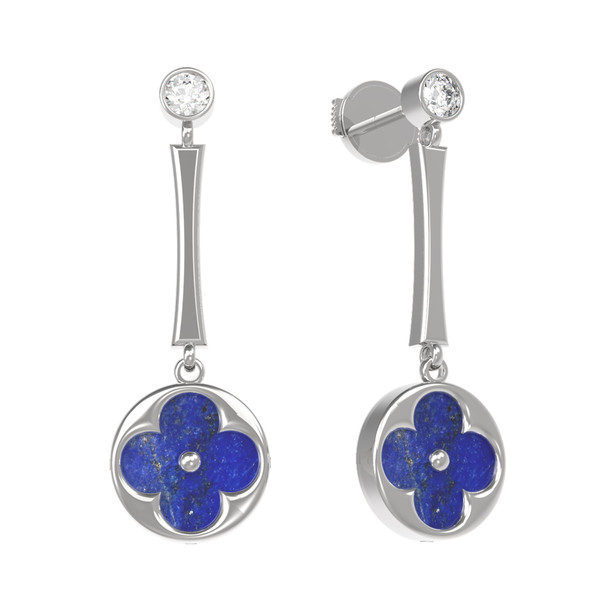 Серьги из белого золота c фианитом и лазуритом