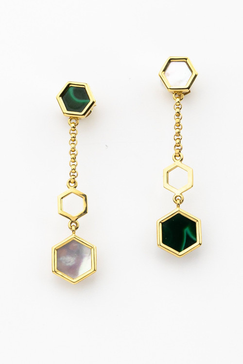 Серьги из лимонного золота c малахитом и перламутром