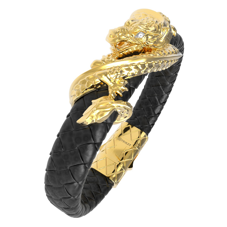 Браслет из лимонного золота c бриллиантами и кожаным шнурком