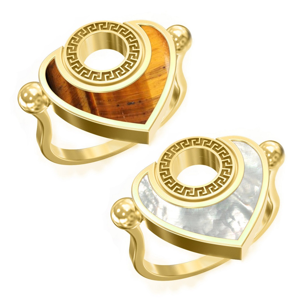 Кольцо из лимонного золота c тигровым глазом и перламутром